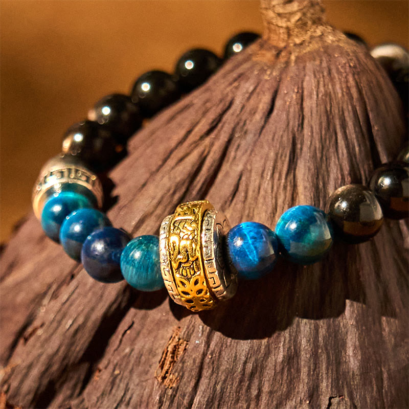 Nimara Ritual Silver Sheen Obsidian Blue Tiger Eye Om Mani Padme Hum Protection Bracelet