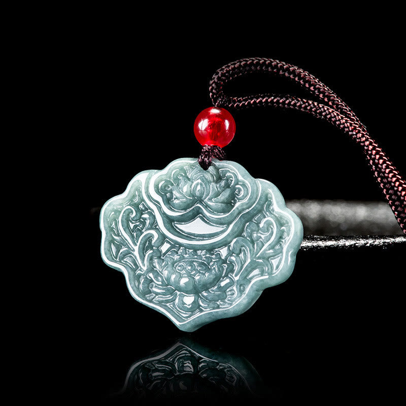 Nimara Ritual Lotus Pattern Carved Jade Abundance Prosperity Necklace Rope Pendant