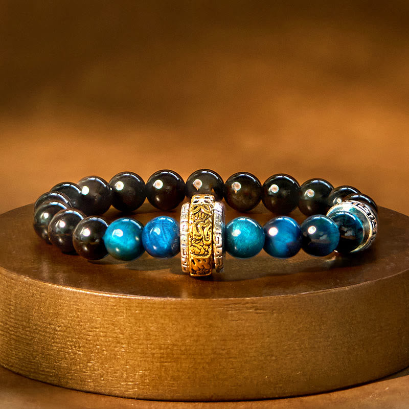 Nimara Ritual Silver Sheen Obsidian Blue Tiger Eye Om Mani Padme Hum Protection Bracelet