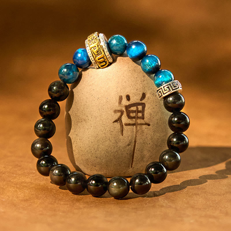 Nimara Ritual Silver Sheen Obsidian Blue Tiger Eye Om Mani Padme Hum Protection Bracelet