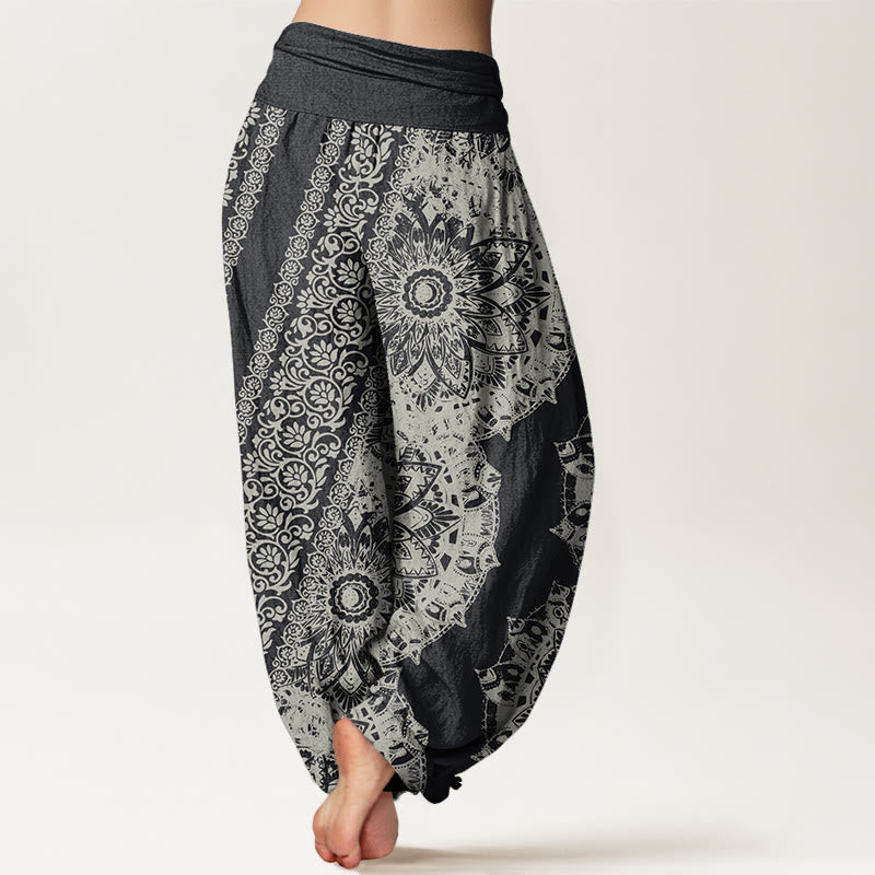 Nimara Ritual Cotton Mandala Pattern Parallel Flowers Women's Elastic Waist Harem Pants