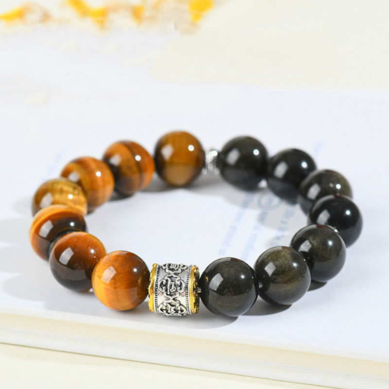 Nimara Ritual Tiger Eye Gold Sheen Obsidian Om Mani Padme Hum Bracelet