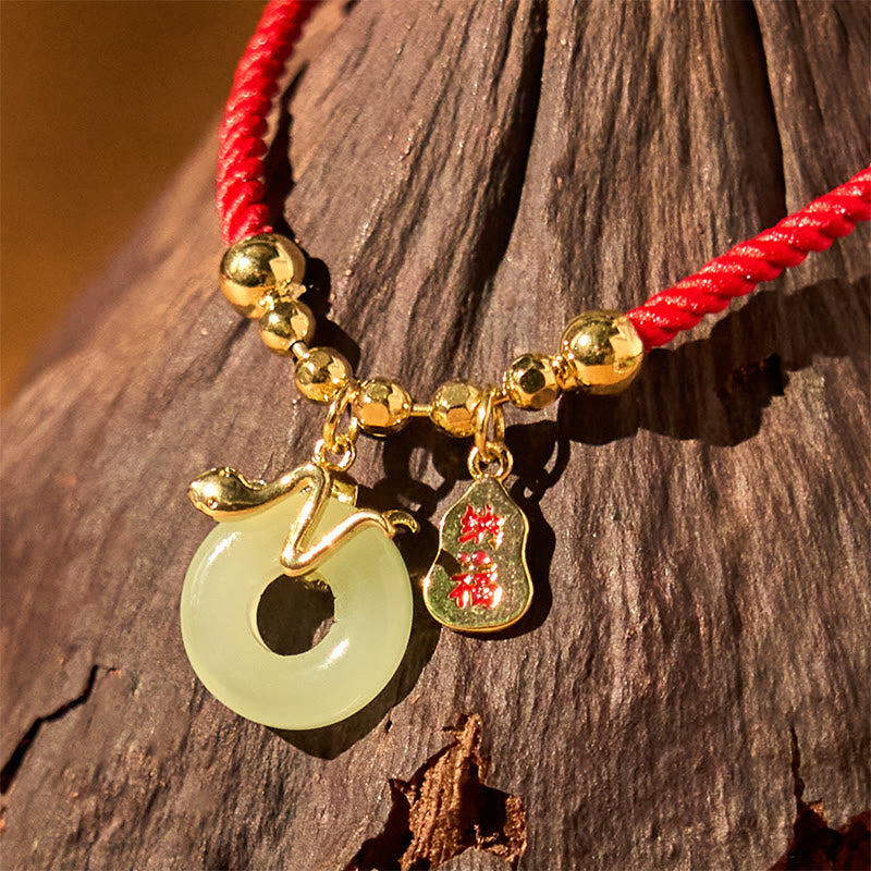 Nimara Ritual Copper Plated Gold Jade Peace Buckle Fu Character Year Of The Snake Red String Luck Bracelet