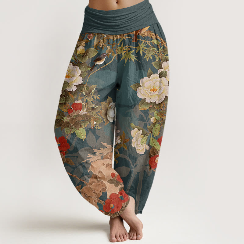 Nimara Ritual Cotton Casual Peony Flowers Leaves Magpie Women's Elastic Waist Harem Pants