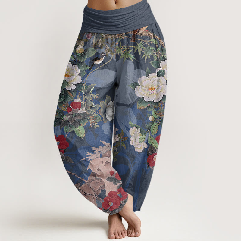 Nimara Ritual Cotton Casual Peony Flowers Leaves Magpie Women's Elastic Waist Harem Pants