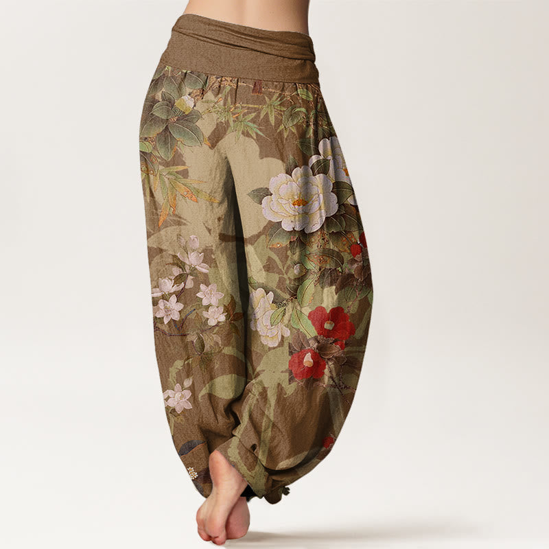 Nimara Ritual Cotton Casual Peony Flowers Leaves Magpie Women's Elastic Waist Harem Pants