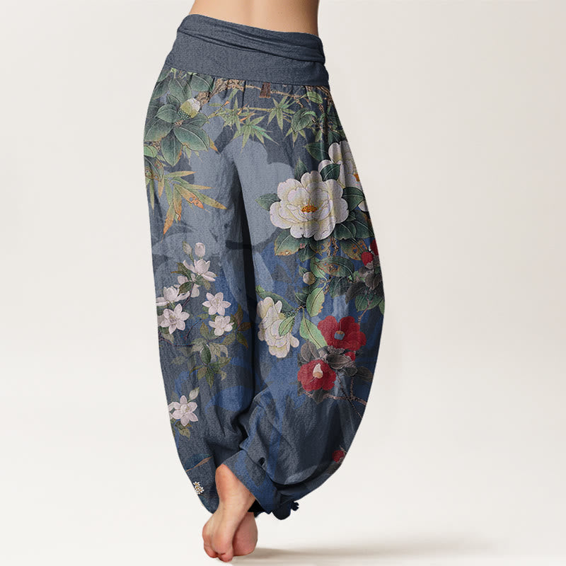 Nimara Ritual Cotton Casual Peony Flowers Leaves Magpie Women's Elastic Waist Harem Pants
