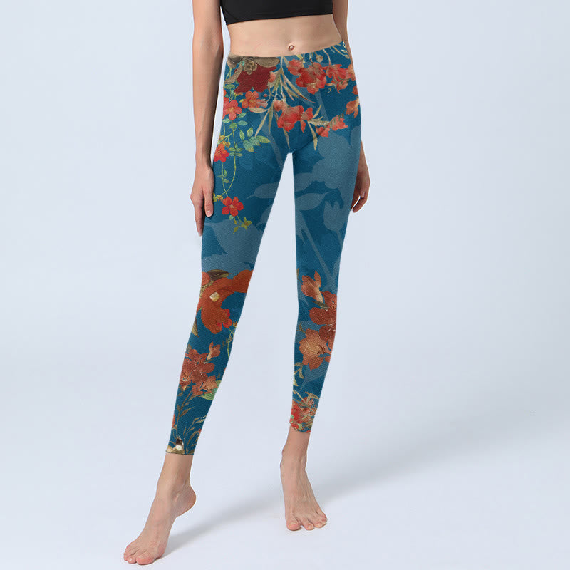 Nimara Ritual Blue Red Flowers Birds Print Gym Leggings Women's Yoga Pants