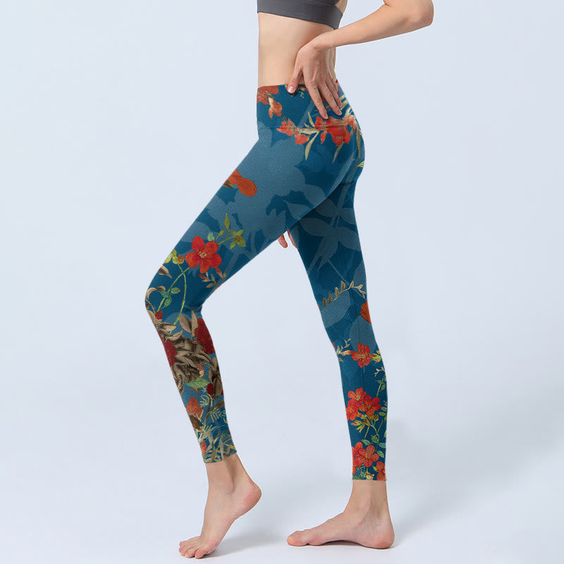 Nimara Ritual Blue Red Flowers Birds Print Gym Leggings Women's Yoga Pants