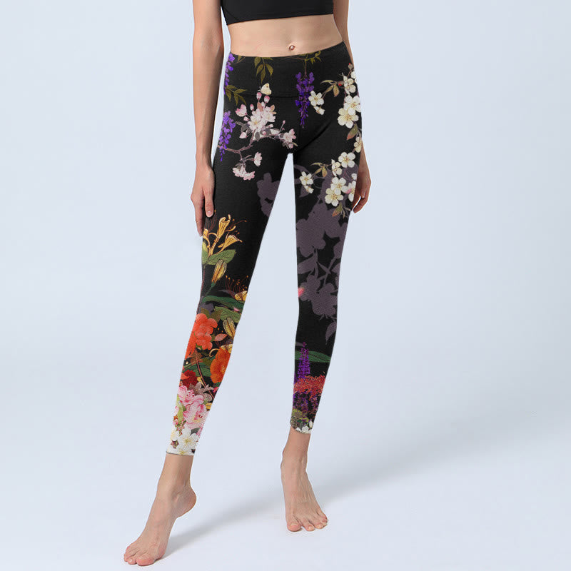 Nimara Ritual Black Colorful Flowers Print Gym Leggings Women's Yoga Pants