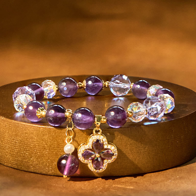 Nimara Ritual Natural Amethyst Crystal Four Leaf Clover Spiritual Healing Bracelet