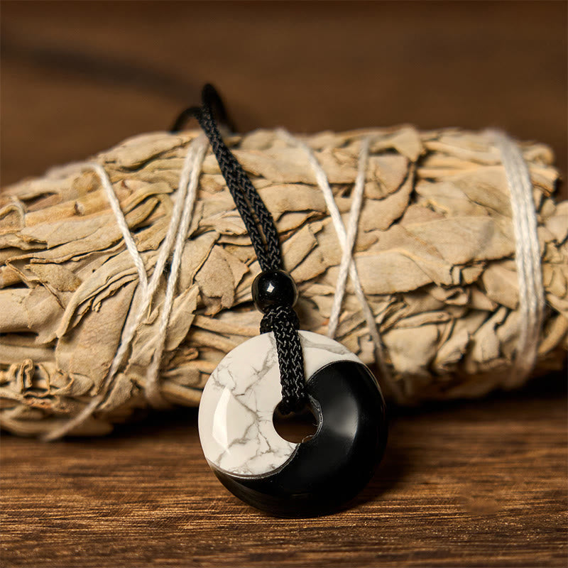 Nimara Ritual Natural Black Obsidian White Turquoise Yin Yang Peace Buckle Design Braided String Strength Necklace Pendant