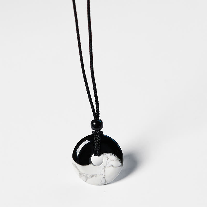 Nimara Ritual Natural Black Obsidian White Turquoise Yin Yang Peace Buckle Design Braided String Strength Necklace Pendant