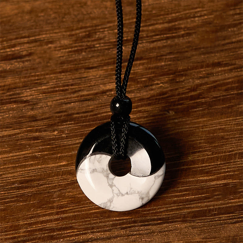 Nimara Ritual Natural Black Obsidian White Turquoise Yin Yang Peace Buckle Design Braided String Strength Necklace Pendant