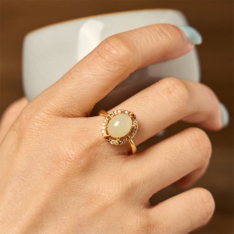 Nimara Ritual Natural Hetian Jade Zirconia Egg Copper Open Luck Ring
