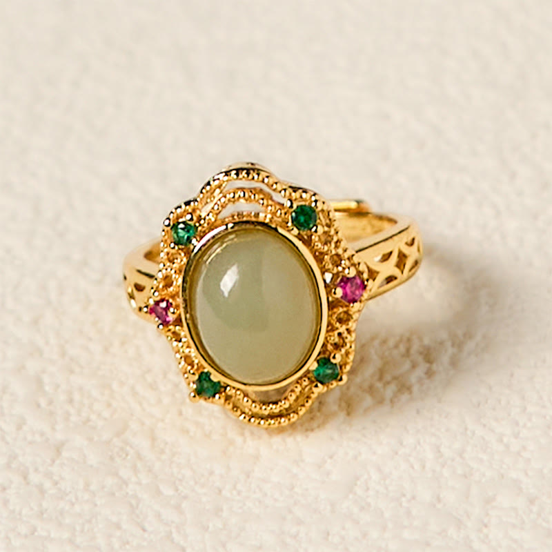 Nimara Ritual Natural Hetian Jade Egg Hollow Pattern Copper Open Luck Ring