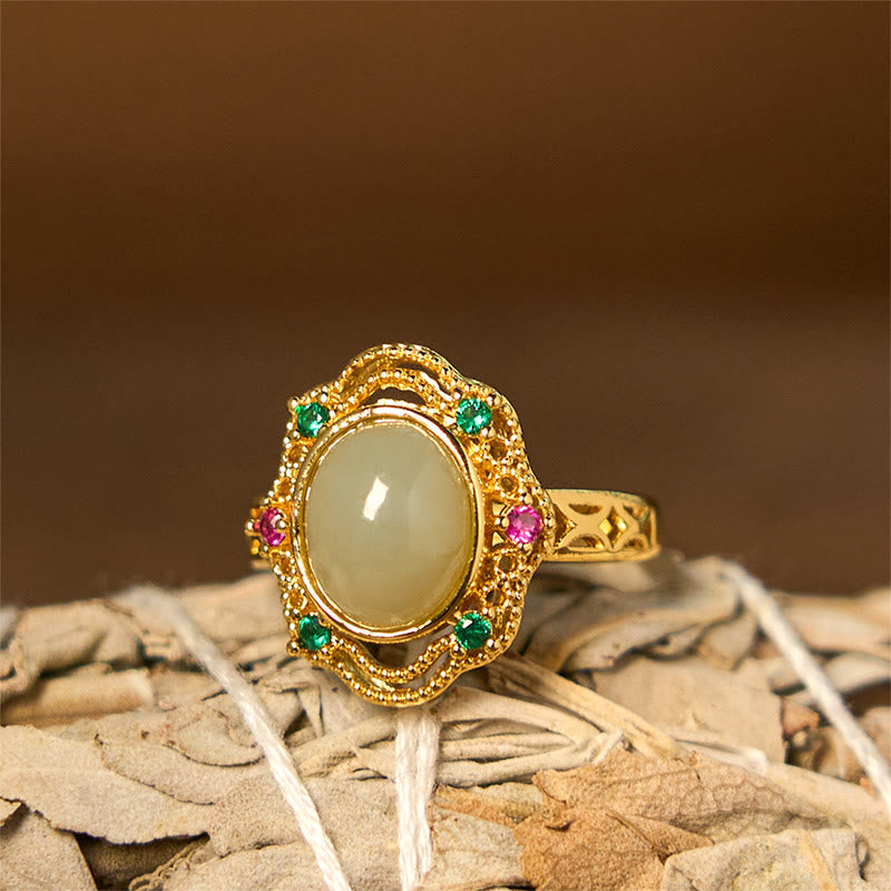 Nimara Ritual Natural Hetian Jade Egg Hollow Pattern Copper Open Luck Ring