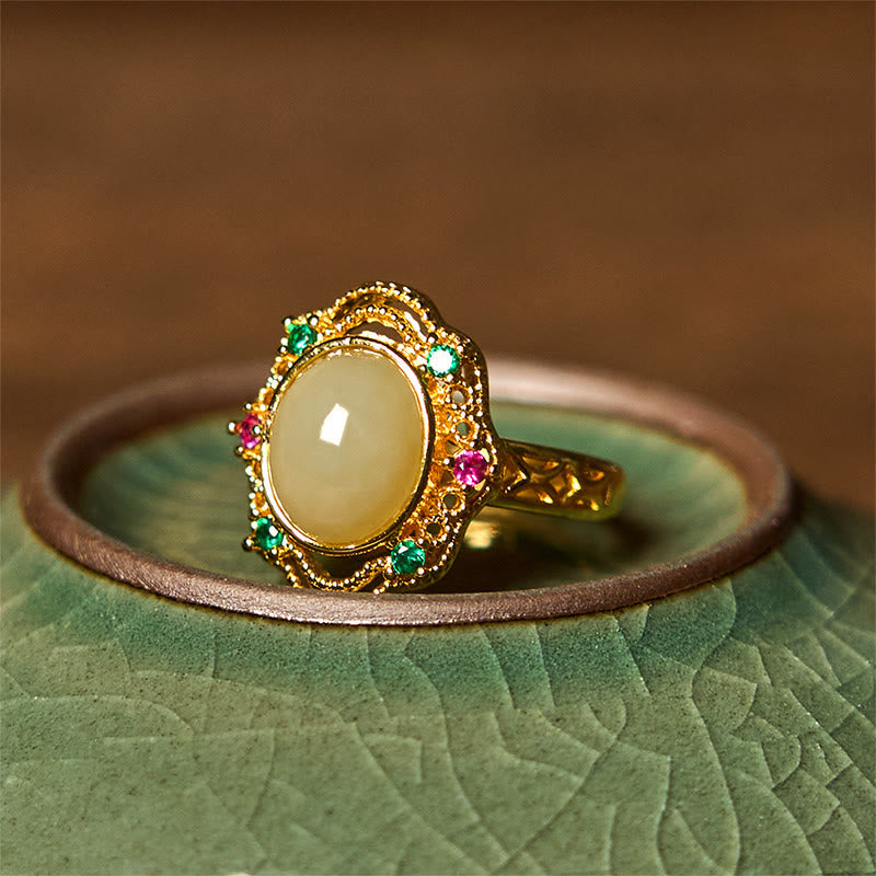 Nimara Ritual Natural Hetian Jade Egg Hollow Pattern Copper Open Luck Ring