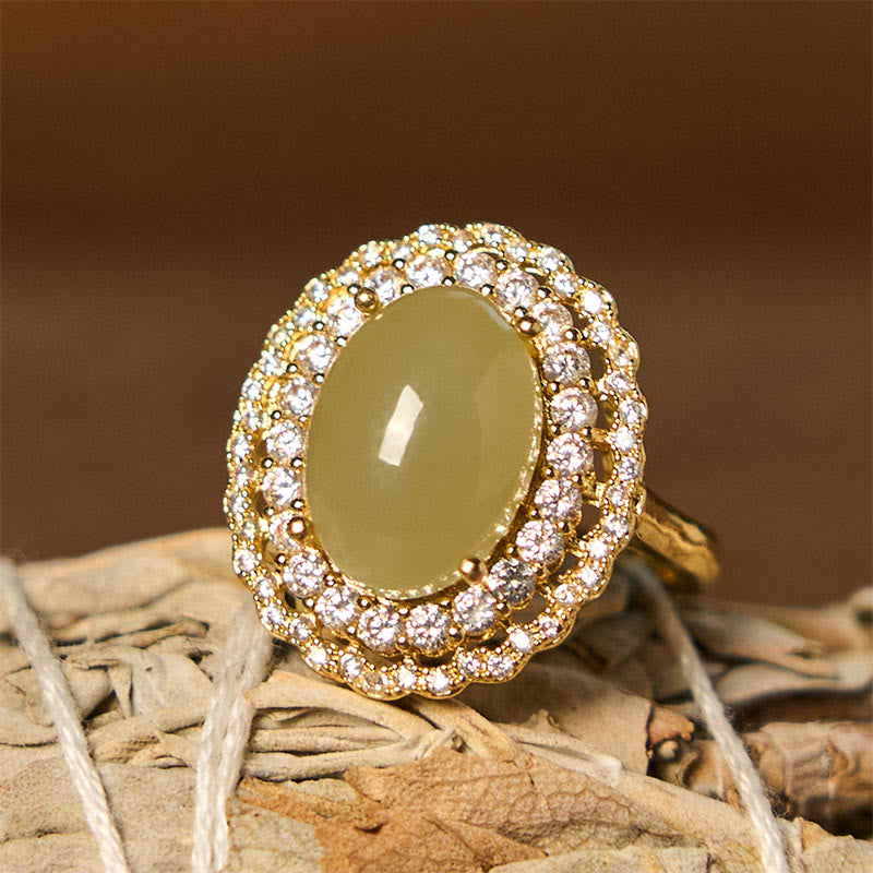 Nimara Ritual Natural Hetian Jade Egg Hollow Double Circle Zirconia Copper Open Abundance Ring