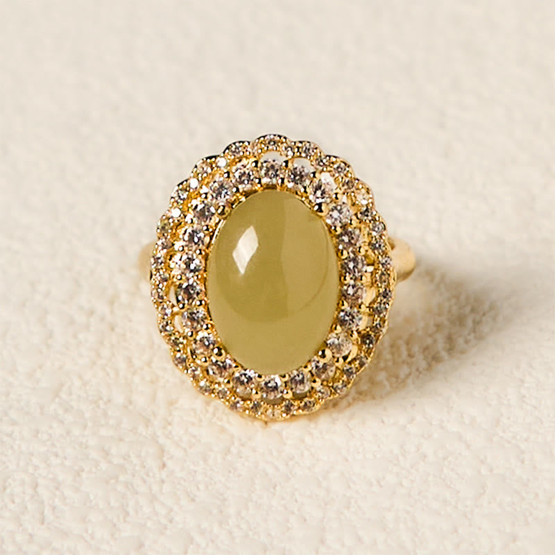Nimara Ritual Natural Hetian Jade Egg Hollow Double Circle Zirconia Copper Open Abundance Ring