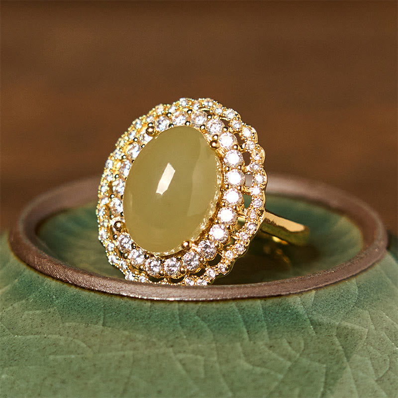 Nimara Ritual Natural Hetian Jade Egg Hollow Double Circle Zirconia Copper Open Abundance Ring