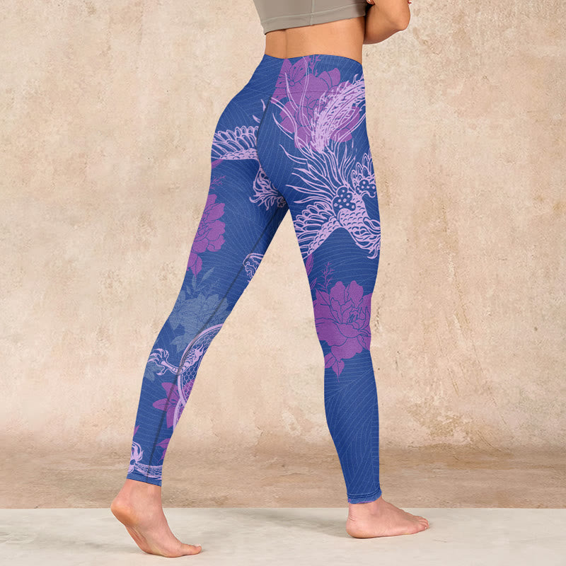 Nimara Ritual Purple Dragon Phoenix Flowers Print Gym Leggings Women's Yoga Pants