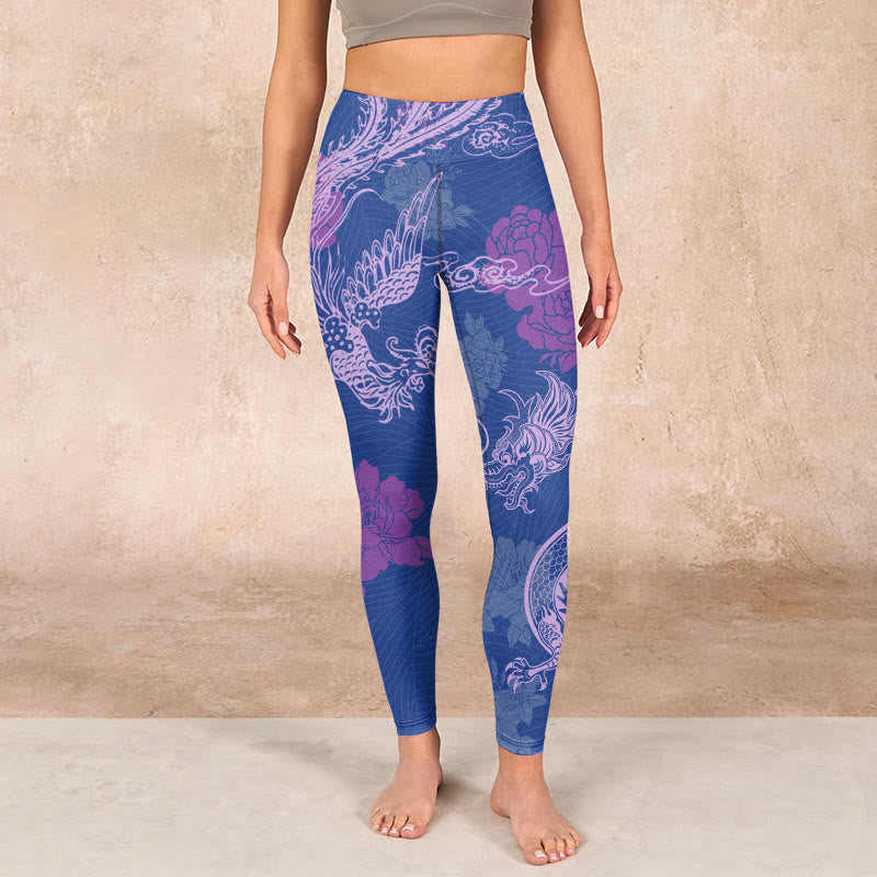 Nimara Ritual Purple Dragon Phoenix Flowers Print Gym Leggings Women's Yoga Pants