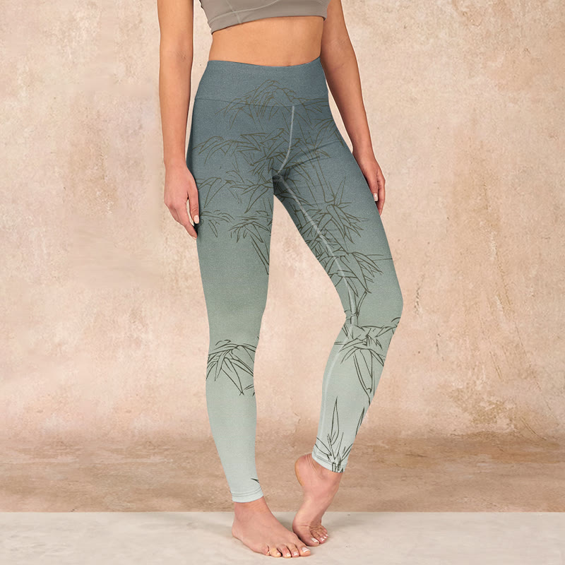 Nimara Ritual Bamboo Leaves Sketch Print Sports Leggings Women's Yoga Pants