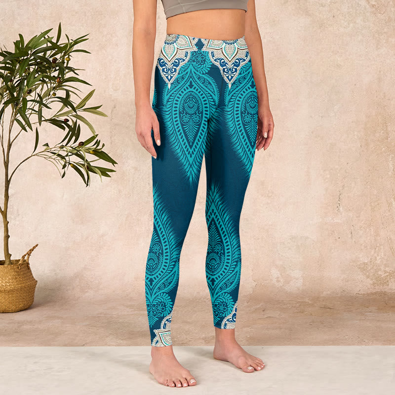 Nimara Ritual Green Feather Flower Print Gym Fitness Leggings Women's Yoga Pants