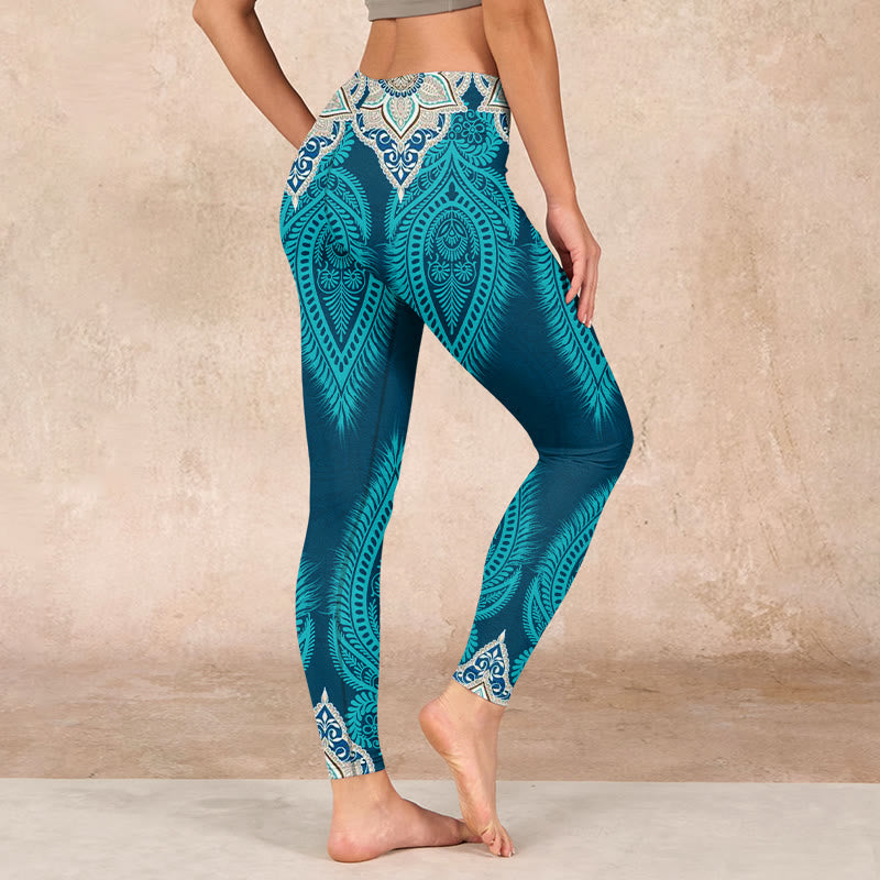 Nimara Ritual Green Feather Flower Print Gym Fitness Leggings Women's Yoga Pants