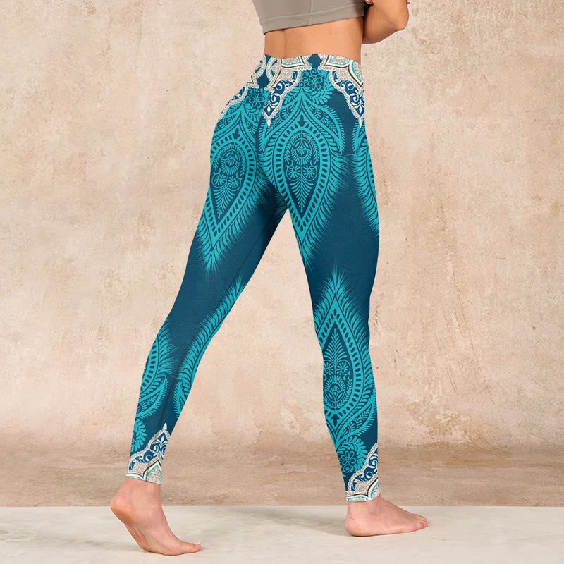 Nimara Ritual Green Feather Flower Print Gym Fitness Leggings Women's Yoga Pants