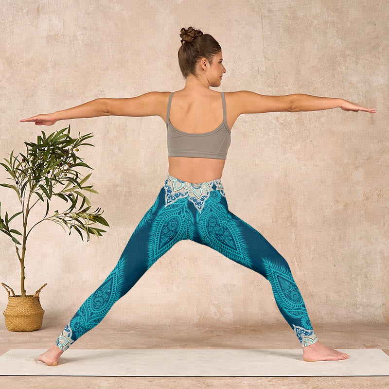Nimara Ritual Green Feather Flower Print Gym Fitness Leggings Women's Yoga Pants