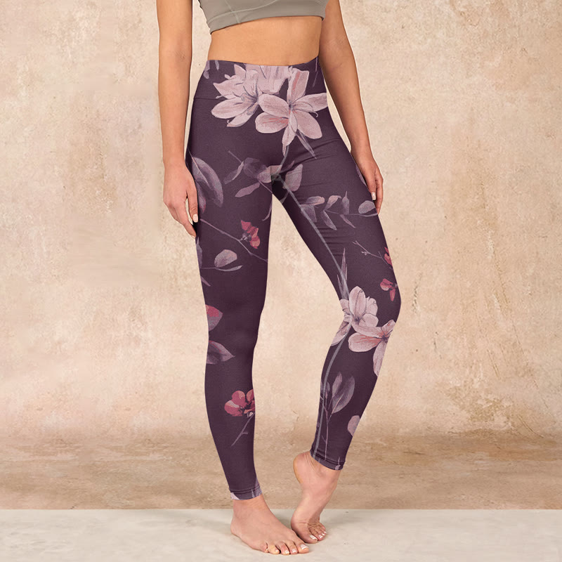 Nimara Ritual Purple White Flowers Leaves Blossom Print Gym Fitness Leggings Women's Yoga Pants