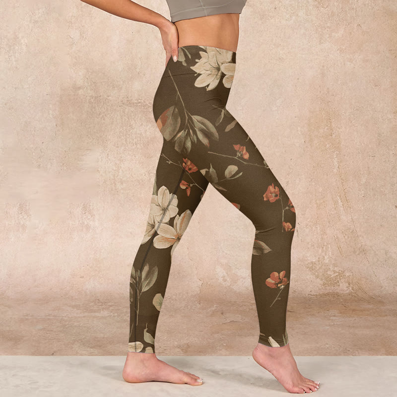 Nimara Ritual Purple White Flowers Leaves Blossom Print Gym Fitness Leggings Women's Yoga Pants
