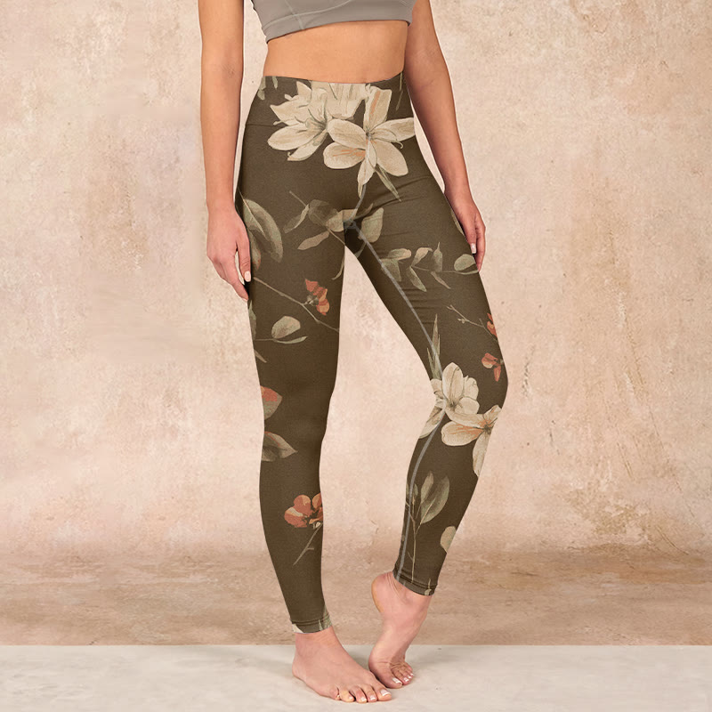 Nimara Ritual Purple White Flowers Leaves Blossom Print Gym Fitness Leggings Women's Yoga Pants