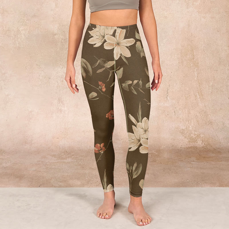 Nimara Ritual Purple White Flowers Leaves Blossom Print Gym Fitness Leggings Women's Yoga Pants