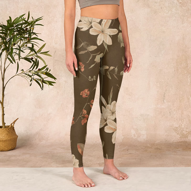 Nimara Ritual Purple White Flowers Leaves Blossom Print Gym Fitness Leggings Women's Yoga Pants