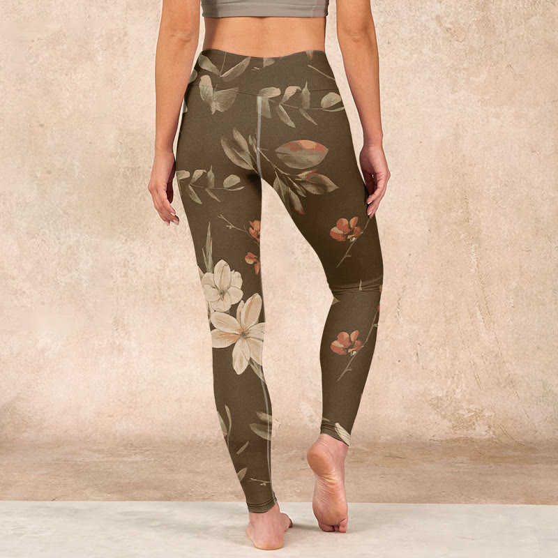 Nimara Ritual Purple White Flowers Leaves Blossom Print Gym Fitness Leggings Women's Yoga Pants