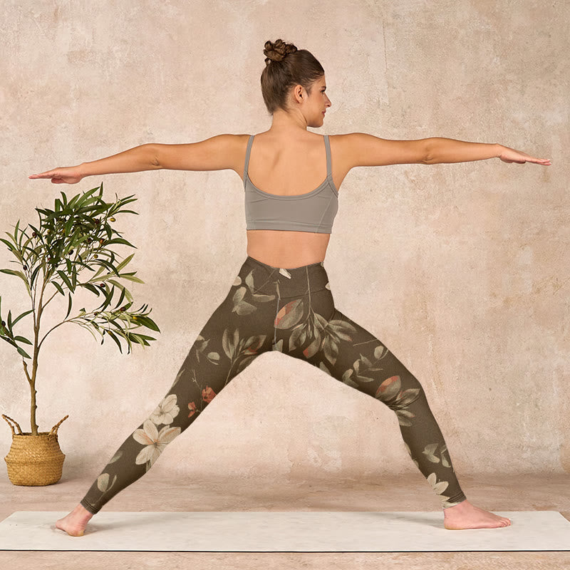 Nimara Ritual Purple White Flowers Leaves Blossom Print Gym Fitness Leggings Women's Yoga Pants