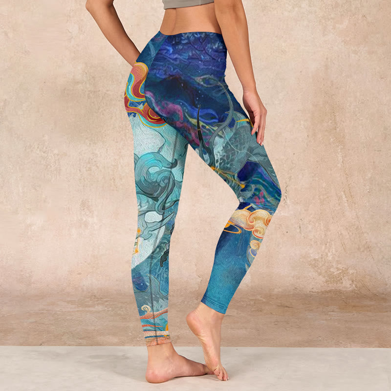 Nimara Ritual Blue Dragon Auspicious Clouds Print Gym Leggings Women's Yoga Pants