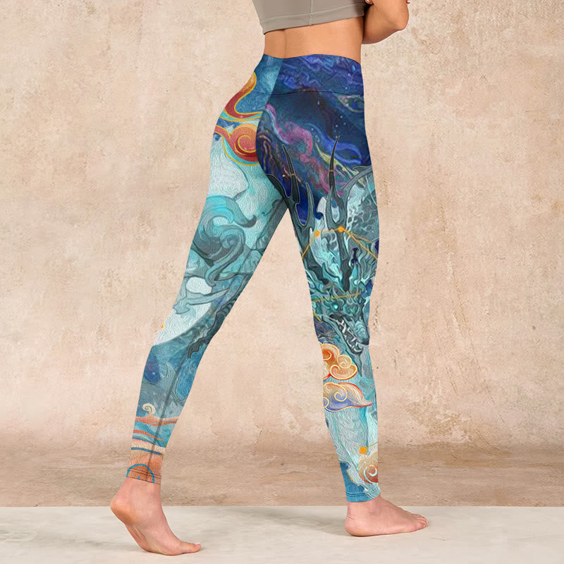 Nimara Ritual Blue Dragon Auspicious Clouds Print Gym Leggings Women's Yoga Pants