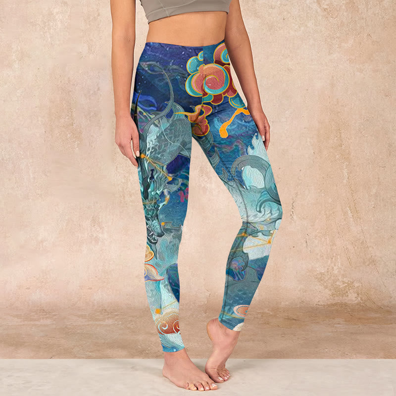 Nimara Ritual Blue Dragon Auspicious Clouds Print Gym Leggings Women's Yoga Pants