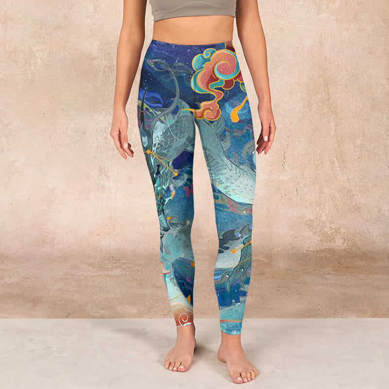 Nimara Ritual Blue Dragon Auspicious Clouds Print Gym Leggings Women's Yoga Pants