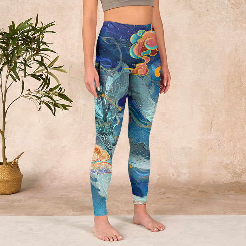 Nimara Ritual Blue Dragon Auspicious Clouds Print Gym Leggings Women's Yoga Pants