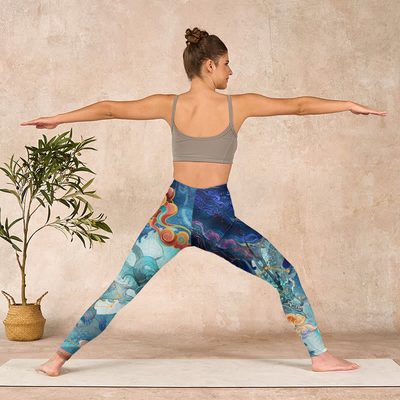 Nimara Ritual Blue Dragon Auspicious Clouds Print Gym Leggings Women's Yoga Pants