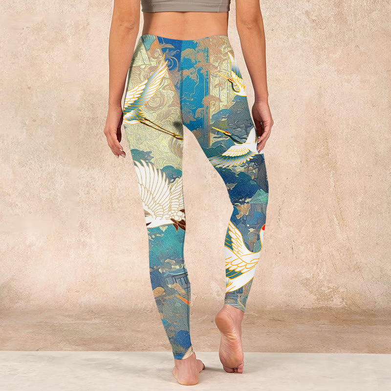 Nimara Ritual Blue Red-crowned Crane Pine Tree Print Gym Leggings Women's Yoga Pants