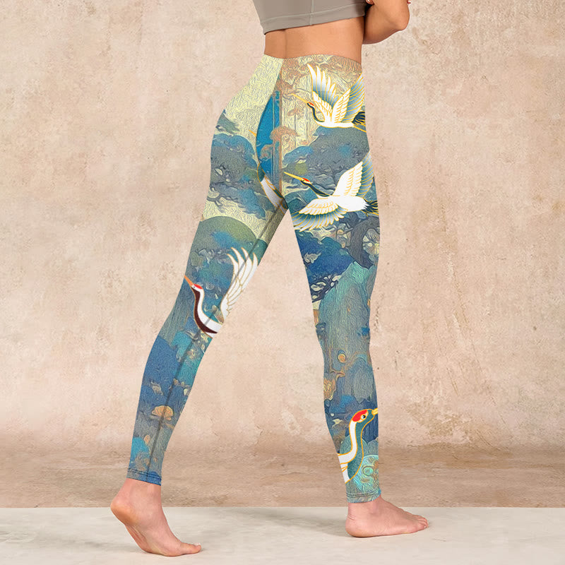 Nimara Ritual Blue Red-crowned Crane Pine Tree Print Gym Leggings Women's Yoga Pants