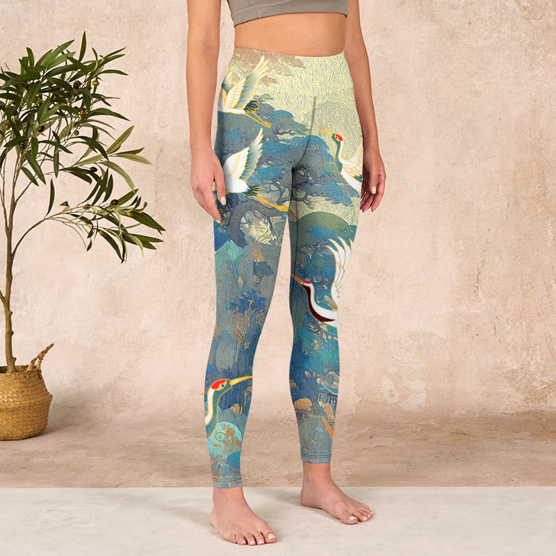 Nimara Ritual Blue Red-crowned Crane Pine Tree Print Gym Leggings Women's Yoga Pants
