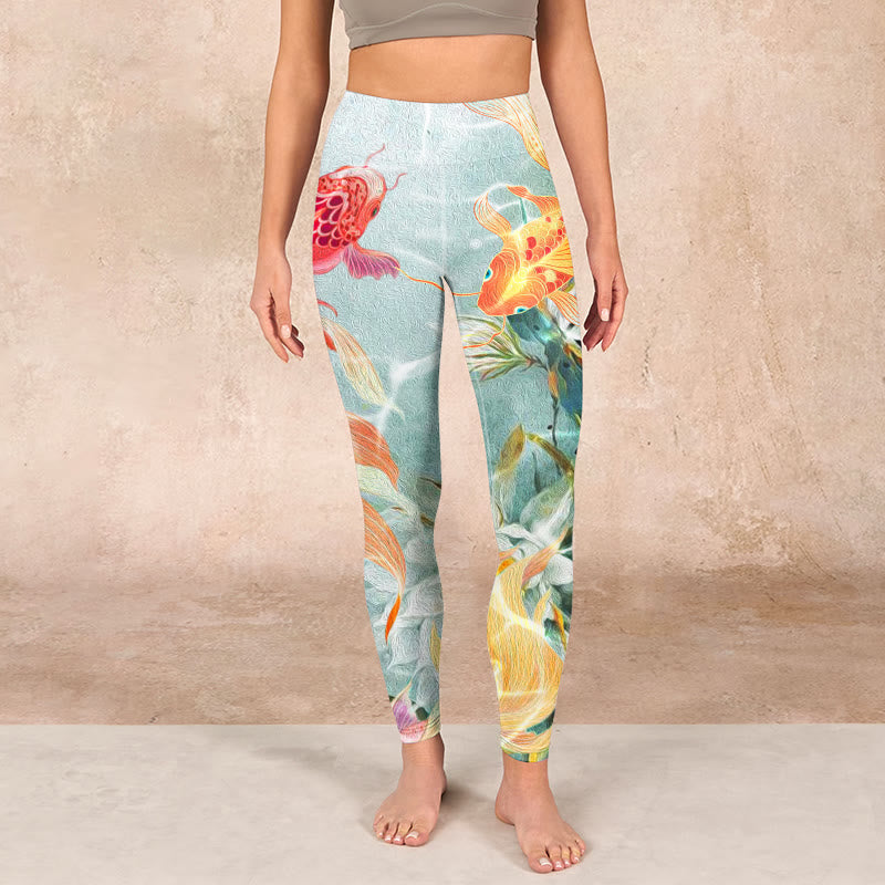 Nimara Ritual Green Koi Fish White Lotus Water Ripples Print Gym Leggings Women's Yoga Pants
