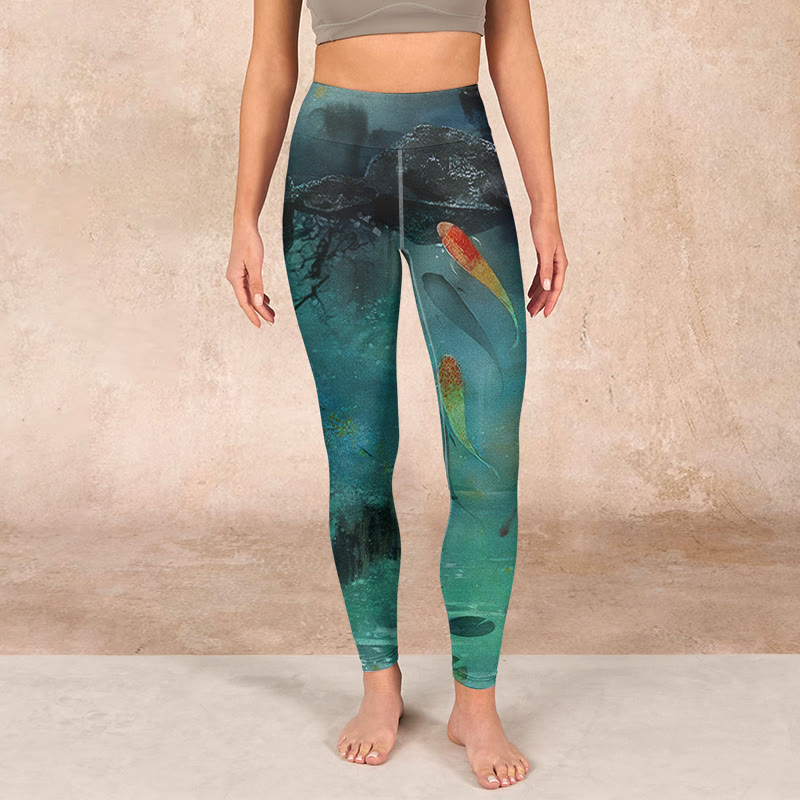 Nimara Ritual Pond Koi Fish Rocks Print Sports Leggings Women's Yoga Pants